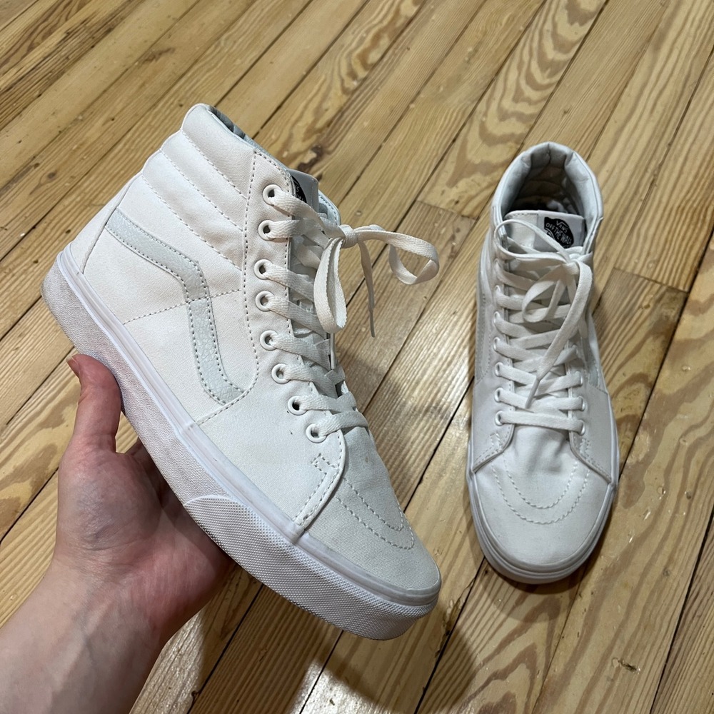 Vans Sk8-Hi High Top Sneakers Mens 8.5 Womens 10 True White Canvas Suede Shoes
